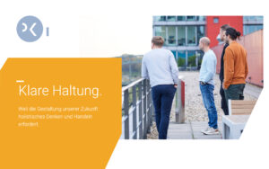 Grafische Abbildung von Markenidentität und Purpose von PKi. Dargestellt wird die Website und ein Bild von drei Mitarbeitern
