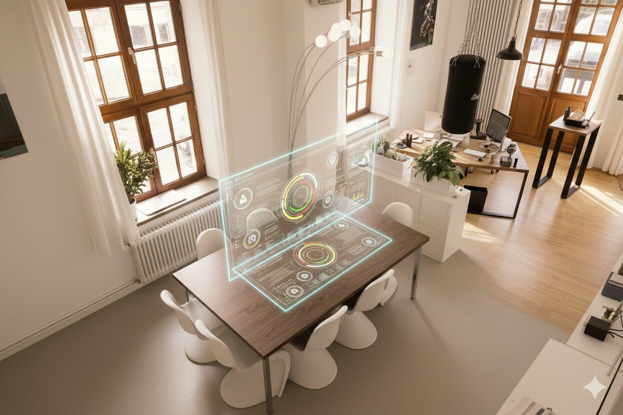 KI generiertes Bild von unserem Büro mit einem interface Hologramm.