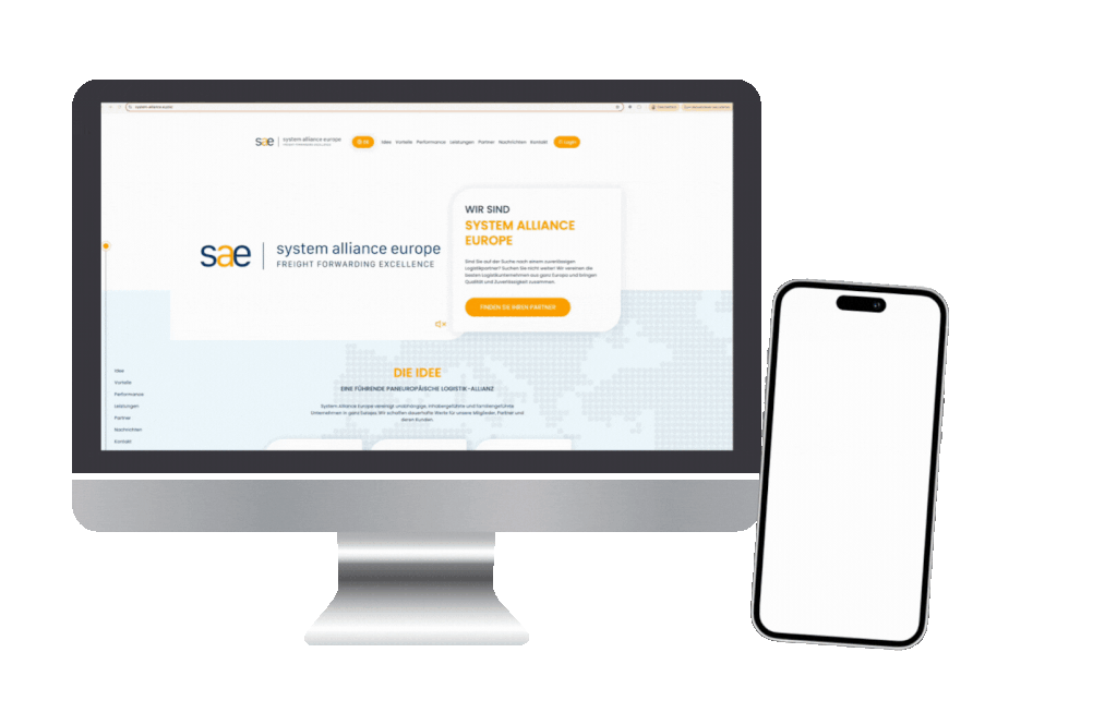 Mockup der System Alliance Website auf einem iMac und der neuen Logoanimation auf einem iPhone.